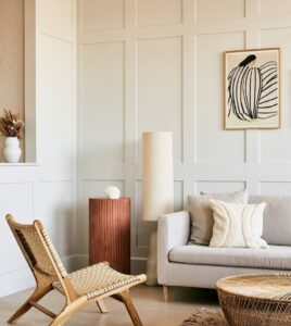 Neutral tones, squared panelling, furnished living space